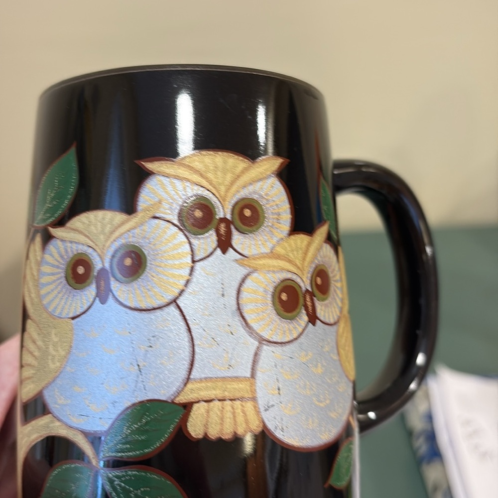 Otagiri Black Ceramic Mug with Hand-Painted Gold-Accented Owl Trio - Picture 8 of 8
